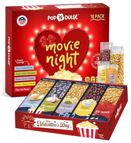 Valentines Day Gifts Movie Night Popcorn Gift Set, Valentines Day Gifts For Her Him, 10 Piece Set, 5 Gourmet Popcorn Kernels and 5 Popcorn Seasoning Flavoring, Kosher, Non-GMO Romantic Movie Night Gift Baskets Idea | Amazon (US)