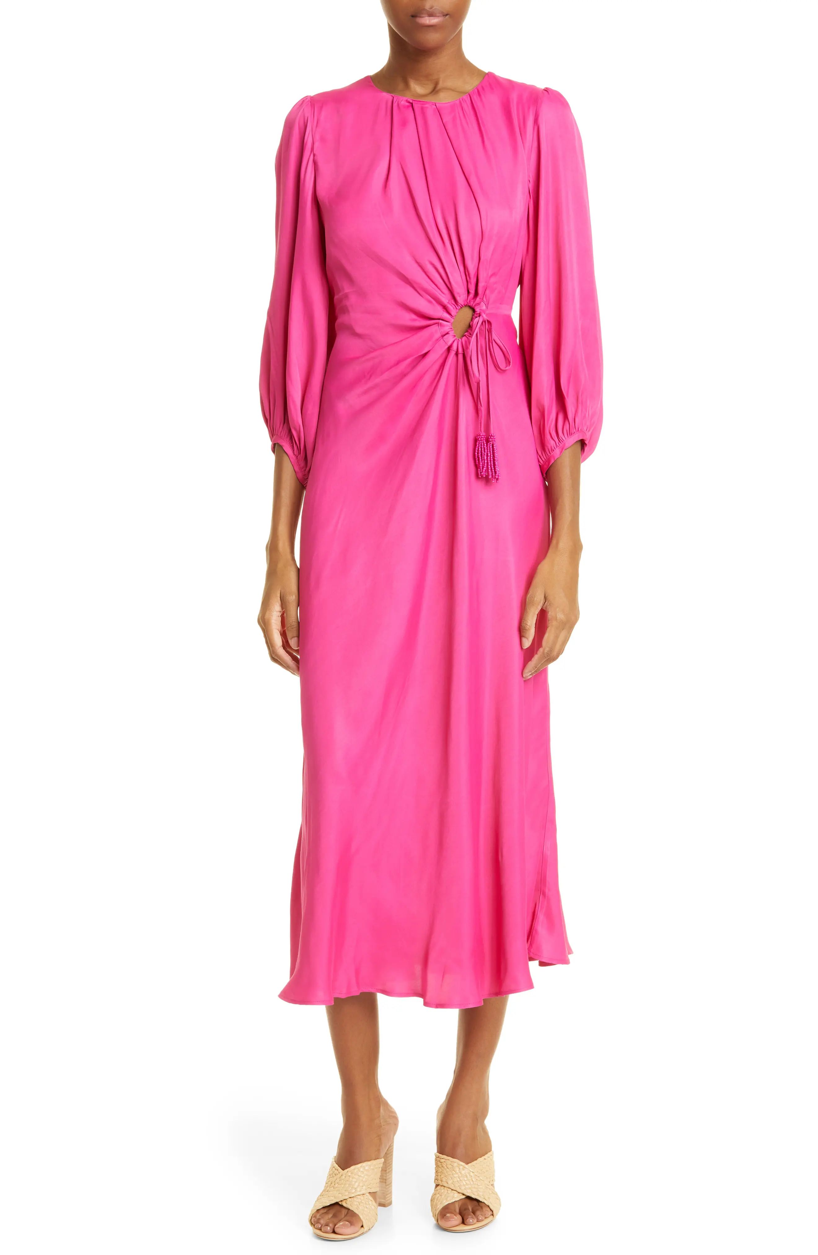 FARM Rio Solid Blouson Sleeve Cutout Midi Dress in Pink Smu at Nordstrom, Size X-Large | Nordstrom