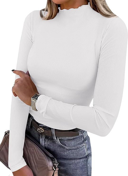 ANRABESS Women's Lettuce Trim Mock Neck Long Sleeve Tops 2025 Casual Dressy Ribbed Knit Slim Fit ... | Amazon (US)