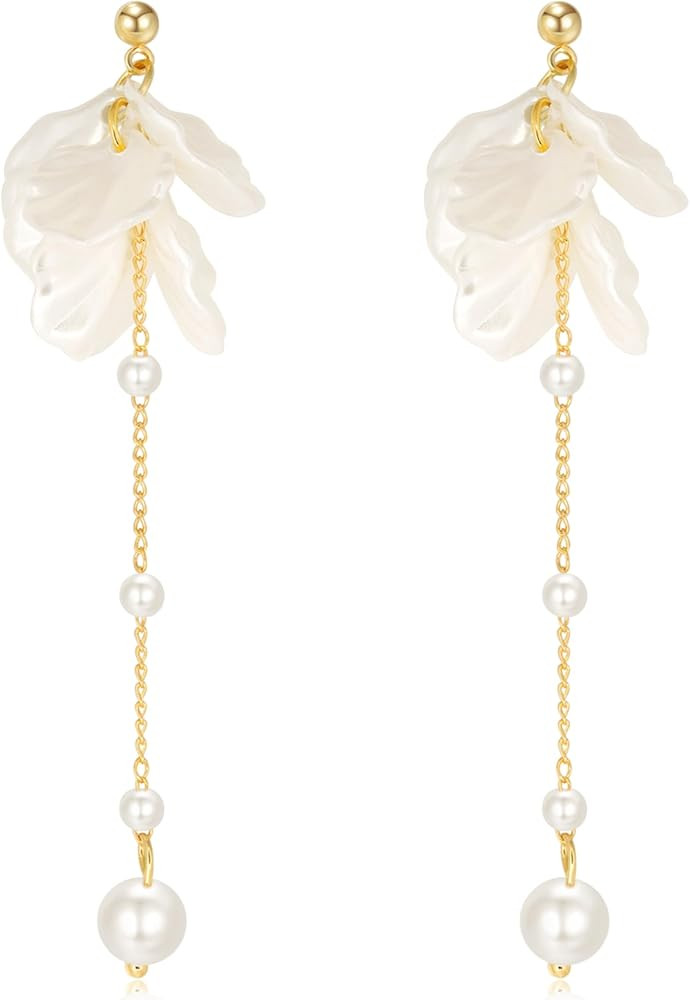 Kruckel Pearl Flower Long Drop Dangling Earrings - Cute Sparkly Golden Stud Lightweight Women Jew... | Amazon (US)