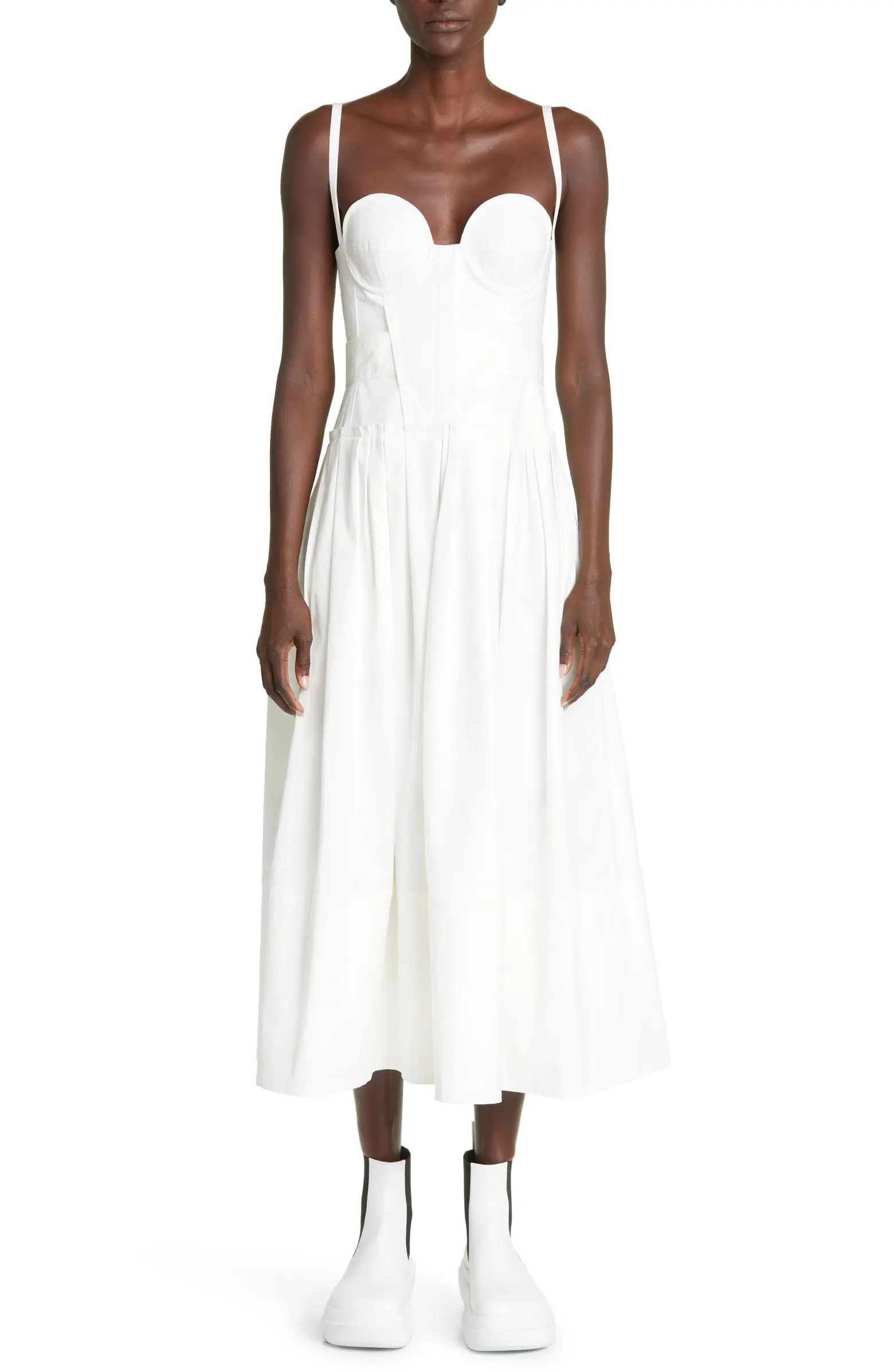 Pleated Stretch Cotton Poplin Bustier Midi Dress | Nordstrom