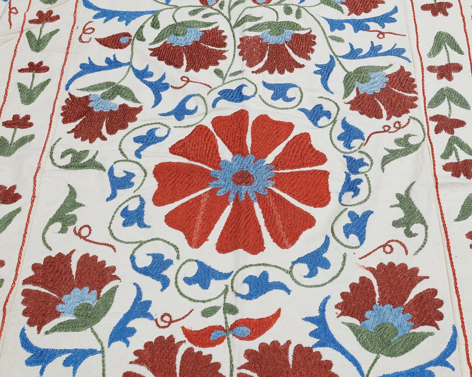 Embroidered Suzani Cover Bohemian Decor Brown Blue Green 6.7"x4.5" (210x140cm) Eclectic Silk Suza... | Etsy (US)