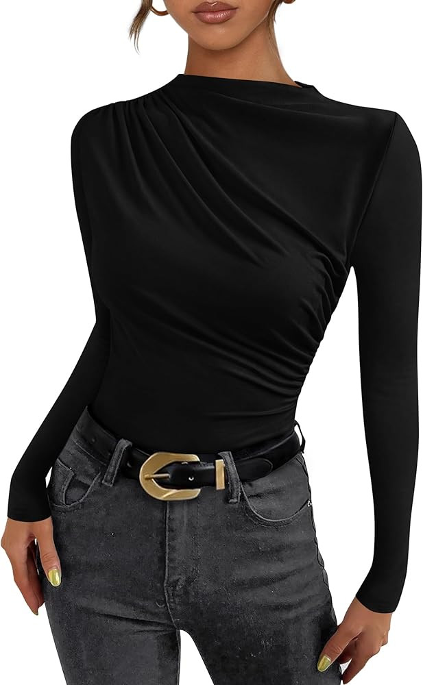 PRETTYGARDEN Womens Fall Y2K Going Out Crop Tops Long Sleeve Mock Neck Ruched Slim Fitted Basic T... | Amazon (US)