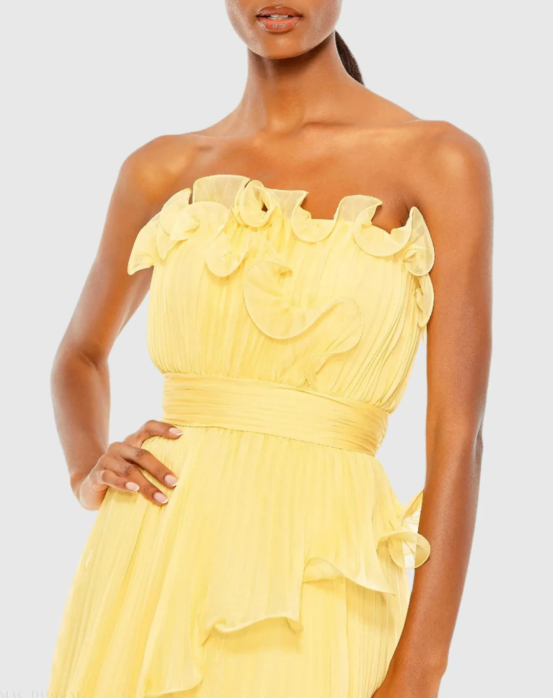 Pleated Tiered Ruffled Strapless Gown | Mac Duggal