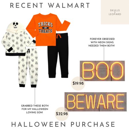Walmart Halloween killin it! Grabbed these sets for my son in store today, (both unisex!) and then found these neon signs online!!! I bought the IMMEDIATLY! So cute, and a great price!

Walmart Halloween, way to celebrate skeleton set, way to celebrate neon signs, boo neon sign., beware neon sign, neon Halloween sign 

#LTKSeasonal #LTKhome #LTKunder50