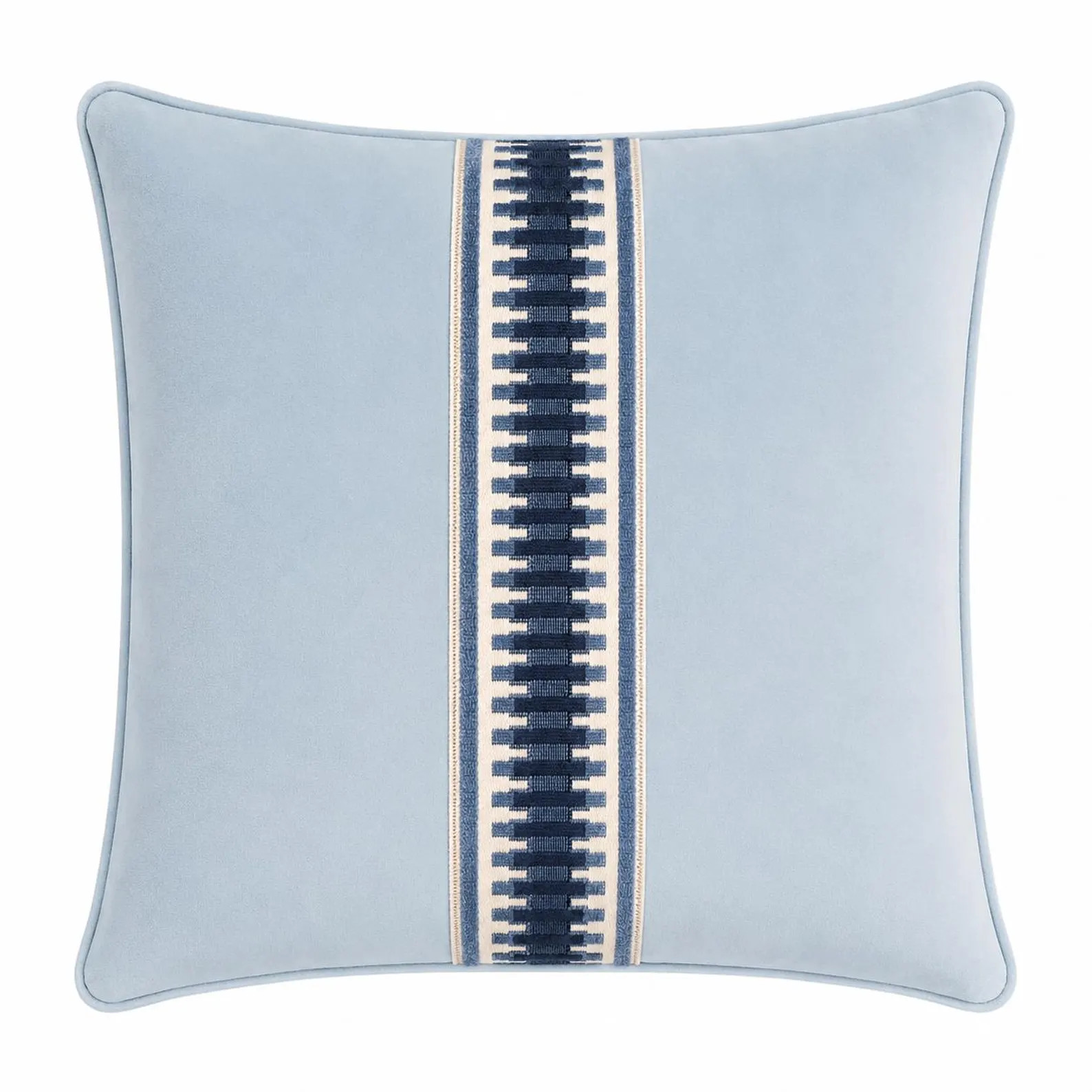 Navy Fret Trimmed Pillow Cover | Light Blue Velvet Pillow with Fretwork Trim | Designer Decorativ... | Etsy (Global)