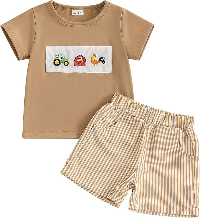 PUHHAPIEY Toddler Baby Boy Clothes Summer Outfit Embroidery Trucks Smocked Shirt T-Shirt Gingham ... | Amazon (US)