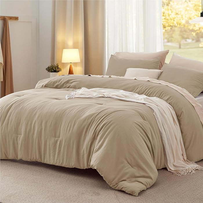 Bedsure Queen Comforter Set, Khaki Soft Prewashed Bedding for All Seasons, 3 Pieces GentleSoft™... | Amazon (US)