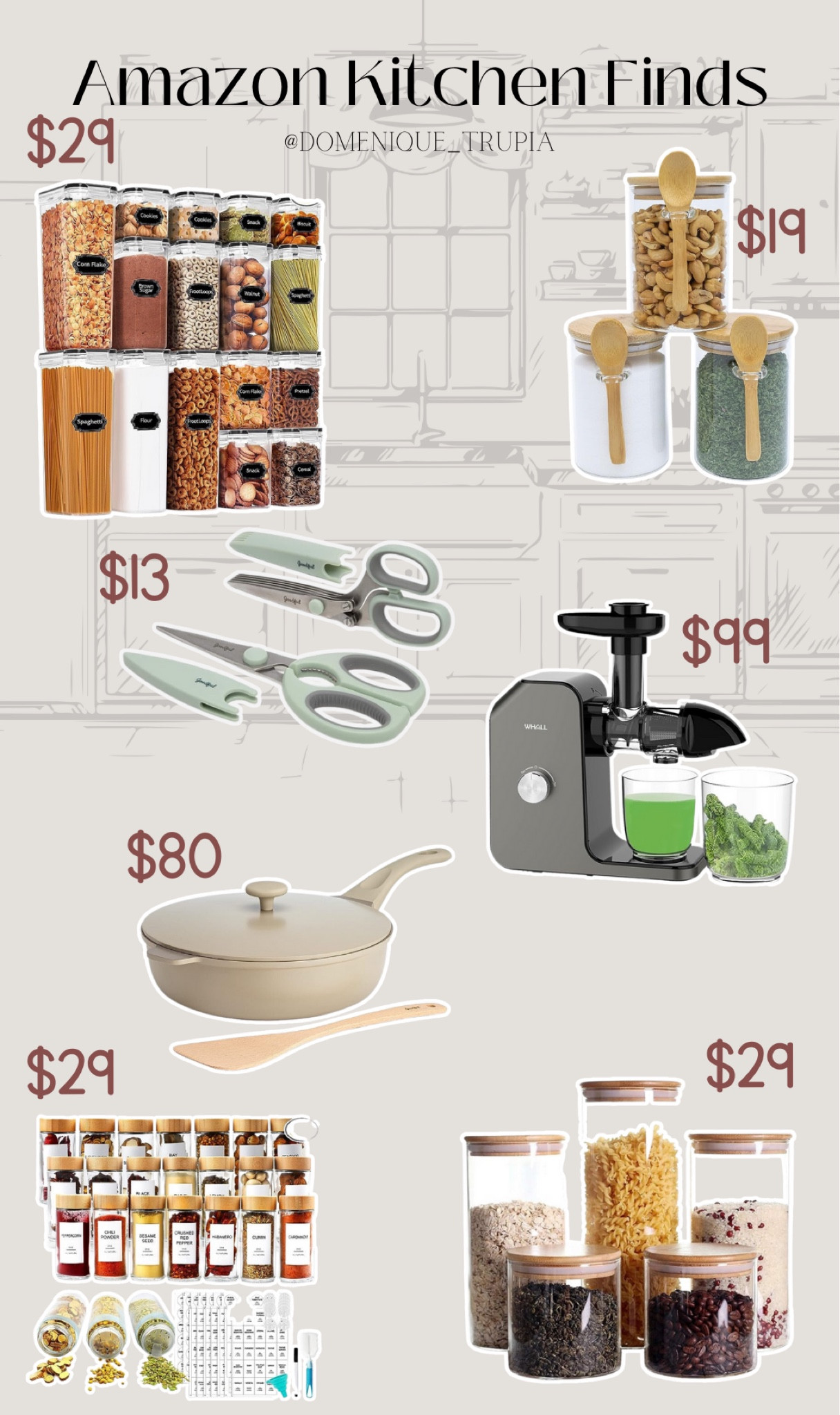 Amazon kitchen finds. Kitchen utensils, glass jars with spoons, always pan dupe, our pan dupe, herb scissors, juicer, canisters with spoons, aesthetic kitchen finds, clear spice jars, kitchen refresh 

#LTKSeasonal #LTKhome #LTKFind