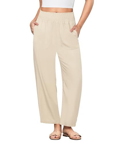GRAPENT Beige Pants for Women Wide Leg Linen Pants Women Womens Linen Pants with Pockets Womens Cropped Pants Light Beige Medium US Size 8-10 | Amazon (US)