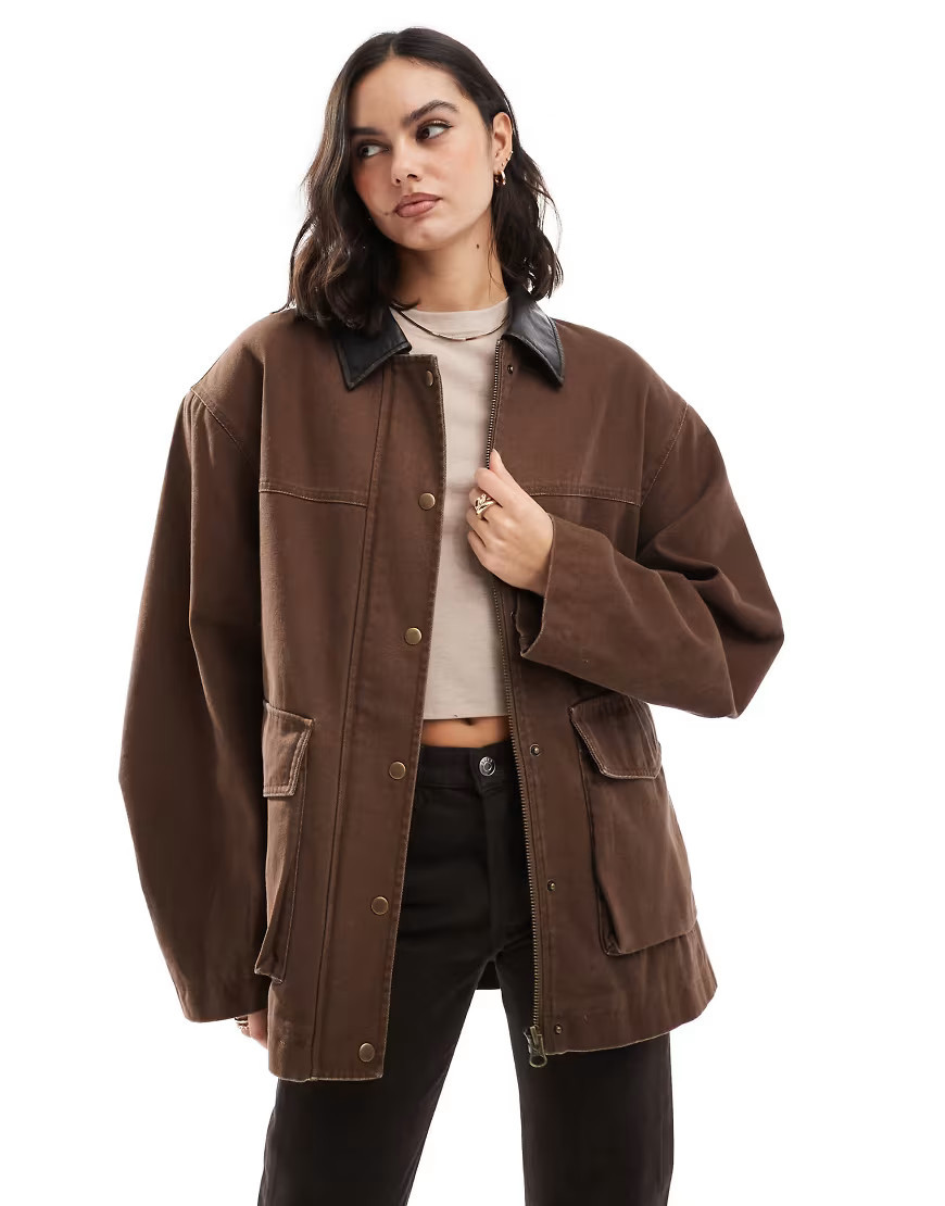 ASOS DESIGN oversized washed barn jacket with leather look collar in mushroom-Neutral | ASOS (Global)