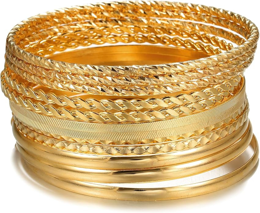 Gold Bangles for Women, 12 Pcs Boho Stackable Bracelets Multi Layer Textured Chunky Bracelets Jew... | Amazon (US)