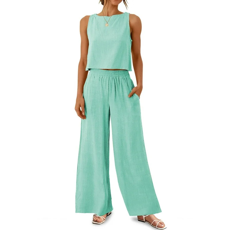 MOSHU Two Piece Lounge Sets for Women Loose Fit Tank Tops and Wide Leg Pants with Pockets Solid S... | Walmart (US)