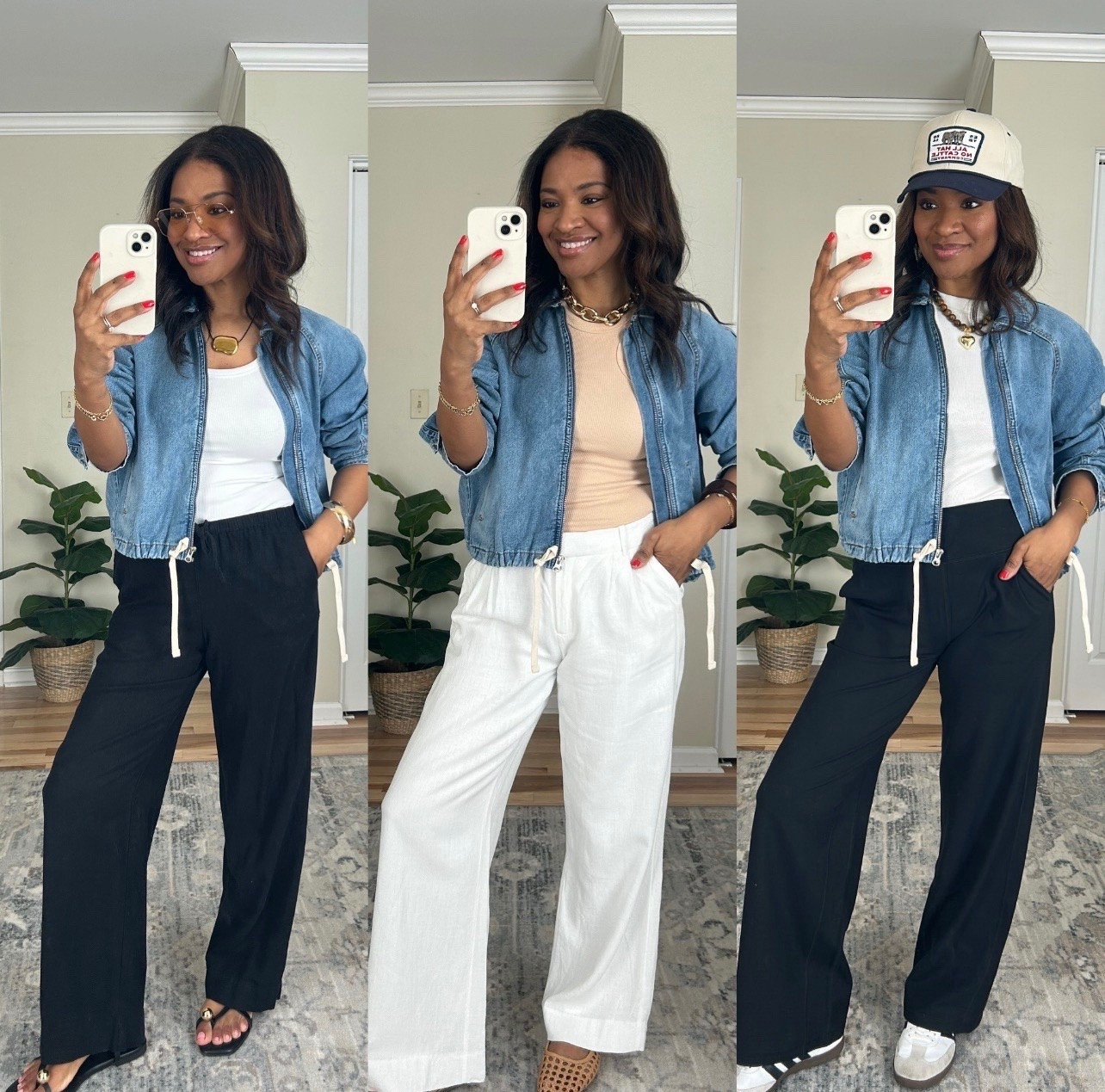 Three ways to style this denim jacket! I’m wearing a large in it. It runs small in my opinion. My Abercrombie pants (white ones) are a size 26/4 regular. My black linen pants have a drawstring and are size small (linking similar). My black Amazon CRZ yoga pants are a size small 5.4-5.7. Adidas sambas run big, size down 1/2 

 #ltkover40 #ltkseasonal #ltkootd

tkover40 ltksale ltkootd primeday2022 trgtdealday2022 walmart_july2022 ltkxadidas ltkxprimeday ltkxprime ltkspringsale ltkseasonal