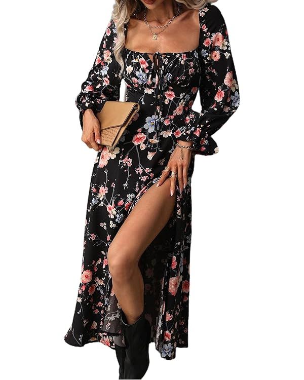 BLENCOT Women's Floral Print Puff Long Sleeve Maxi Dress Sexy Square Neck Tie Front Ruffle Hem Sp... | Amazon (US)