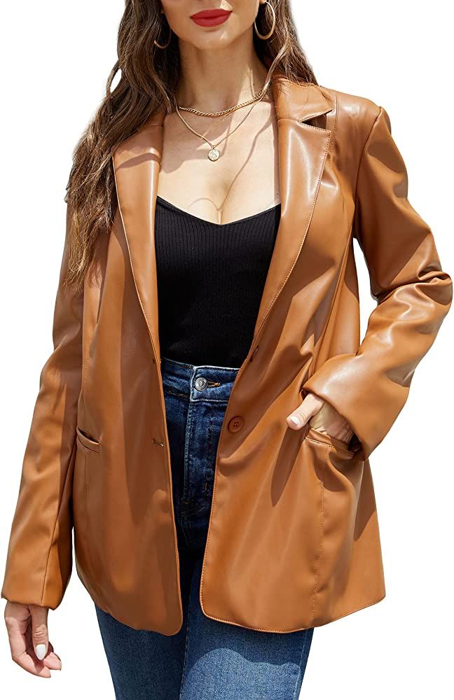RISISSIDA Women Faux Leather Blazer Jackets for Spring and Fall Fashion, Vegan Leather Button Dow... | Amazon (US)