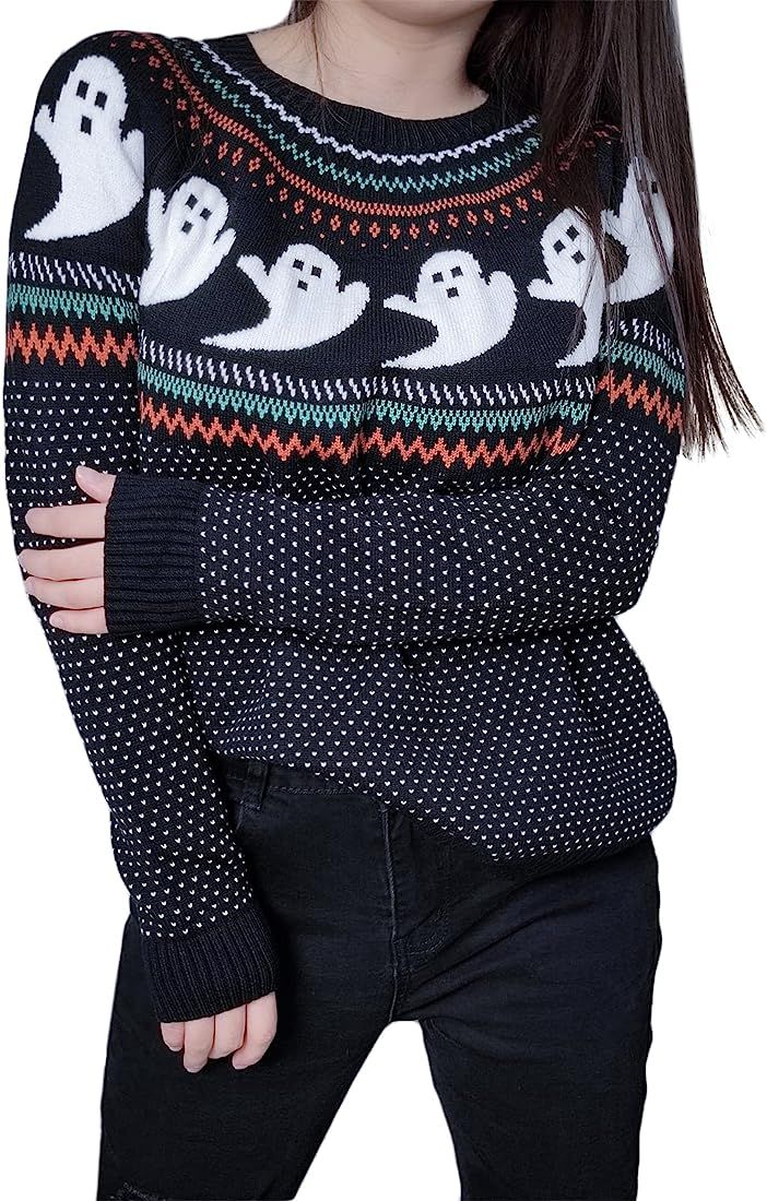 Halloween Knitted Sweater for Women With Cute Ghost Pattern Gothic Streetwear with Long Sleeves f... | Amazon (US)