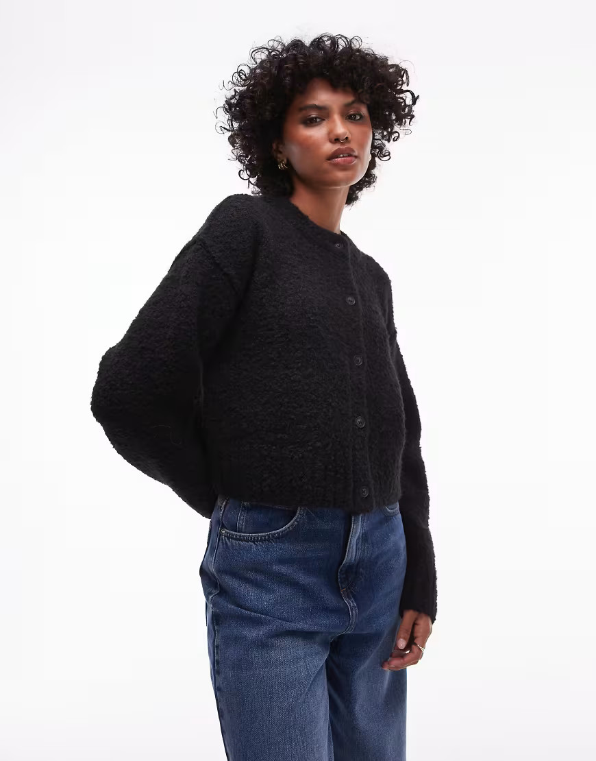 Topshop knitted crew boucle cardigan in black | ASOS (Global)