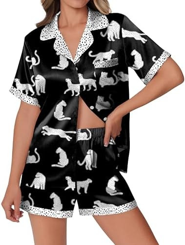 Ekouaer Womens Silk Satin Pajamas Set Animals Print Pjs Button Down Short Sleeve Lounge Set 2 Pie... | Amazon (US)