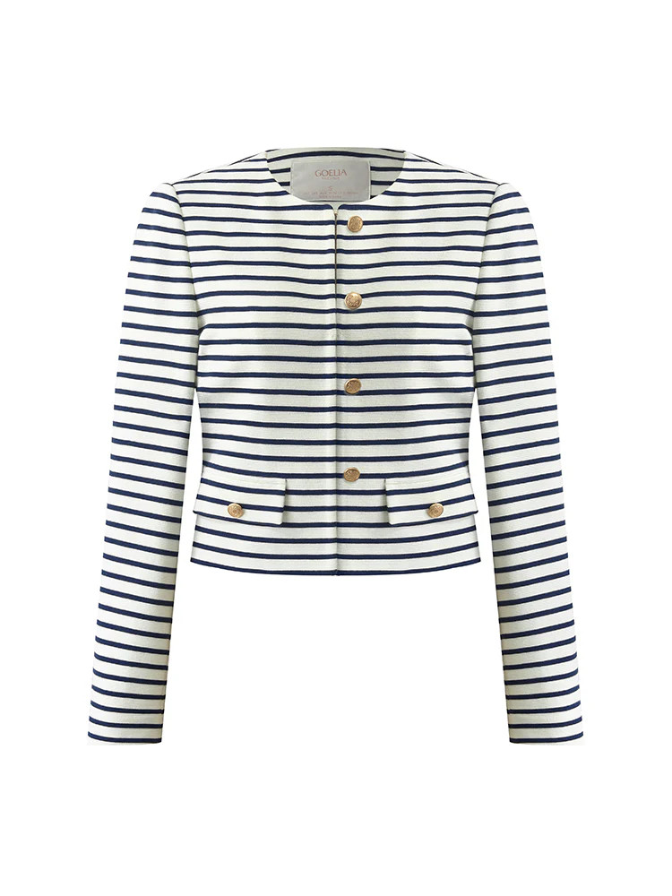 Cotton Striped Single-Breasted Women Crop Jacket | GOELIA