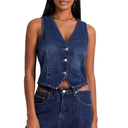 Niceyoeuk Women s Slim Denim Vest Solid Color V-Neck Sleeveless Jean Jackets | Walmart (US)