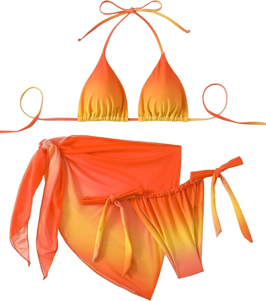 SEGT Women's 3 Piece Swimsuit Triangle Halter Side Tie Thong Bikini Set with Cover Up Skirt | Amazon (US)