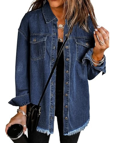 Vetinee Women’s Oversized Button Up Frayed Hem Shacket Long Sleeve Pockets Denim Jean Jacket Dark Blue 3X-Large | Amazon (US)