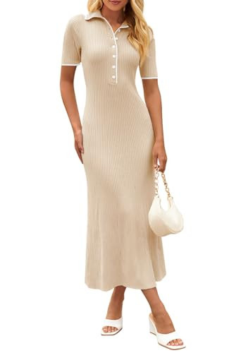 MEROKEETY Womens Summer Ribbed Work Bodycon Maxi Dress, LightApricot, XL | Amazon (US)