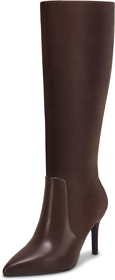Coutgo Womens Pointed Toe Knee High Boots Heels Faux Leather Suede Side Zipper Stretch Winter Boots | Amazon (US)