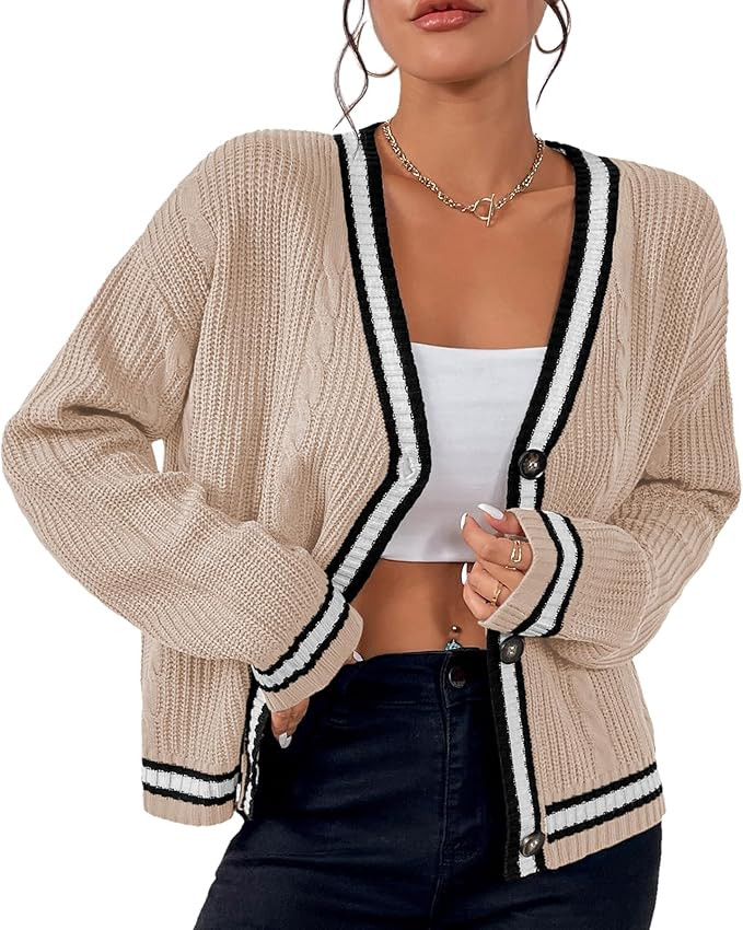 Womens Open Front Cardigan Button Down Striped Sweater Casual Loose Fitting V Neck Knit Coat | Amazon (US)