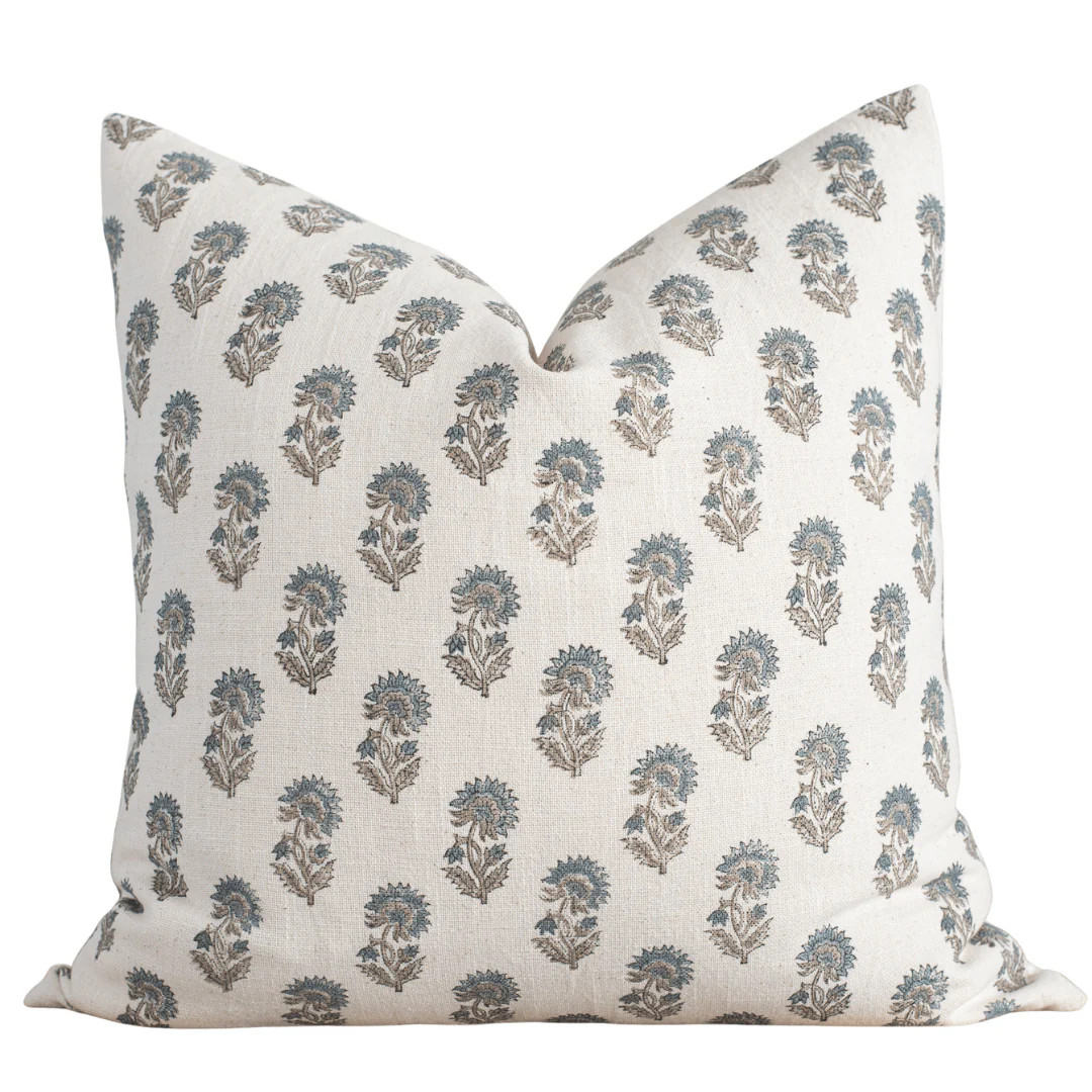 Lark Floral Block Printed Pillow Cover | Blue | Apartment No.3