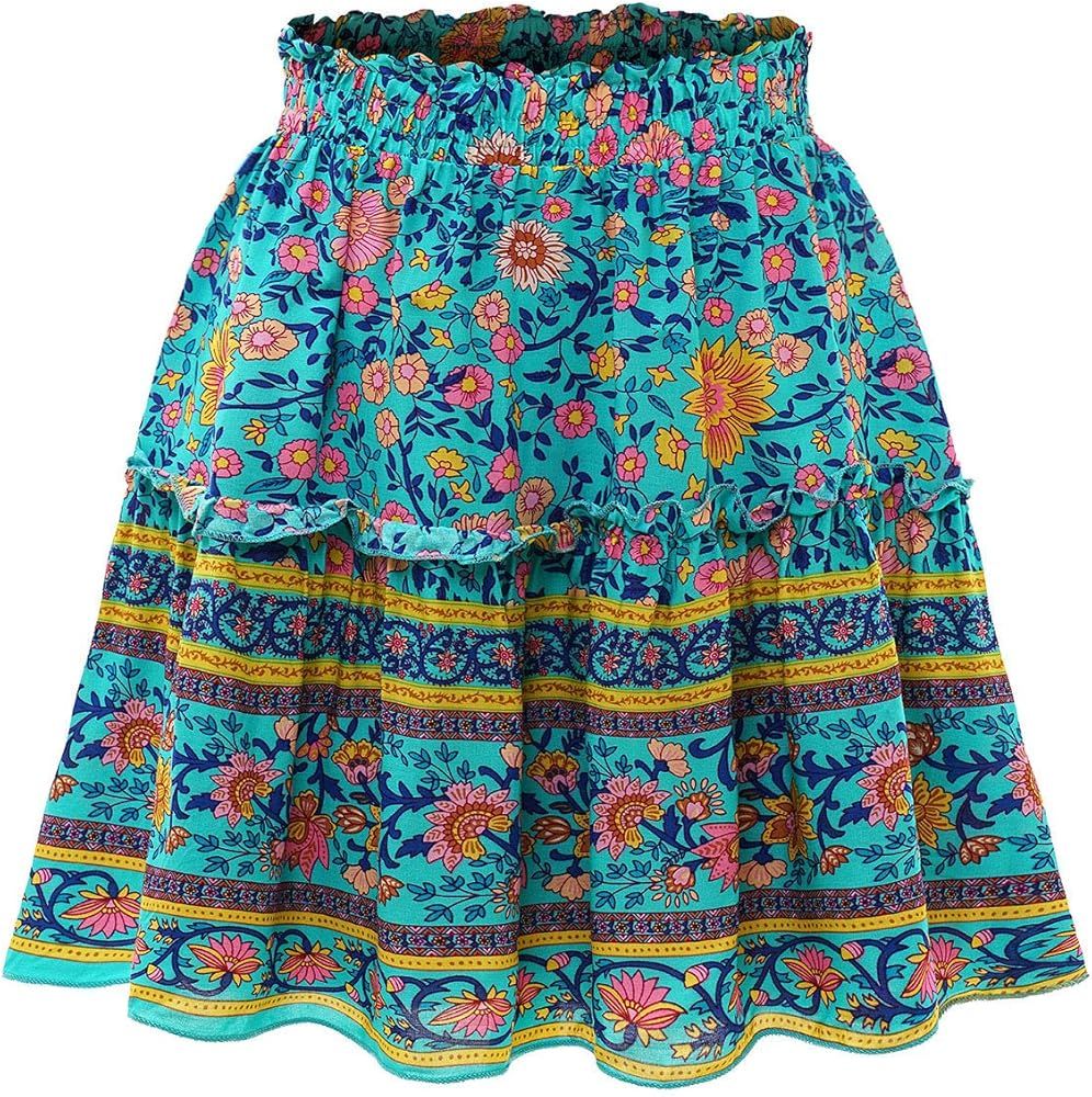 Bbonlinedress Women's Mini Floral Ruffle Skirt High Waist Summer Boho Short Skater Skirt | Amazon (US)