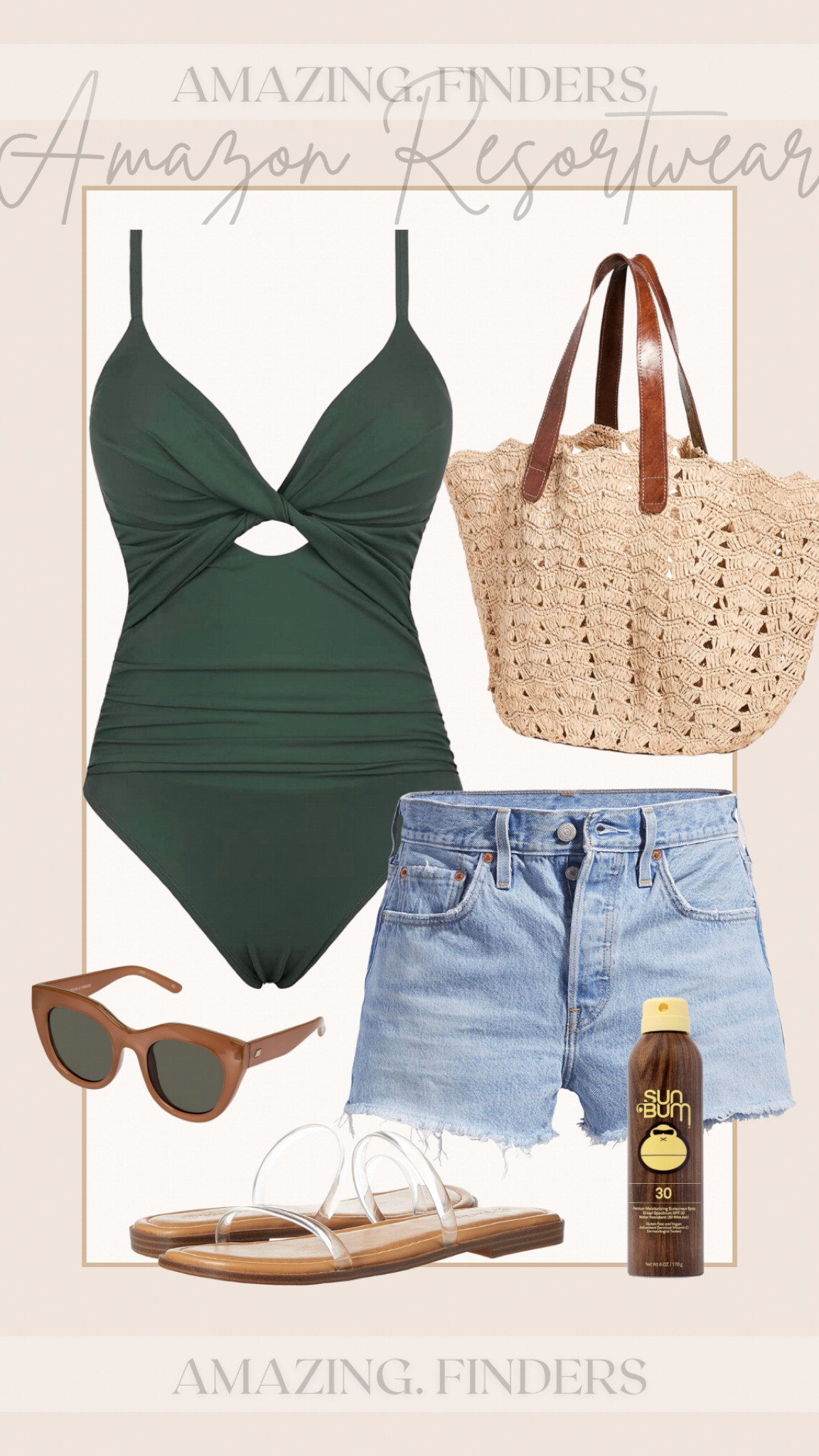 Amazon swimwear 
One piece swimsuit
Amazon resort 
Amazon Jean shorts
Amazon sandals 
Clear sandals. 
Amazon sunglasses 

#LTKtravel #LTKstyletip #LTKunder50