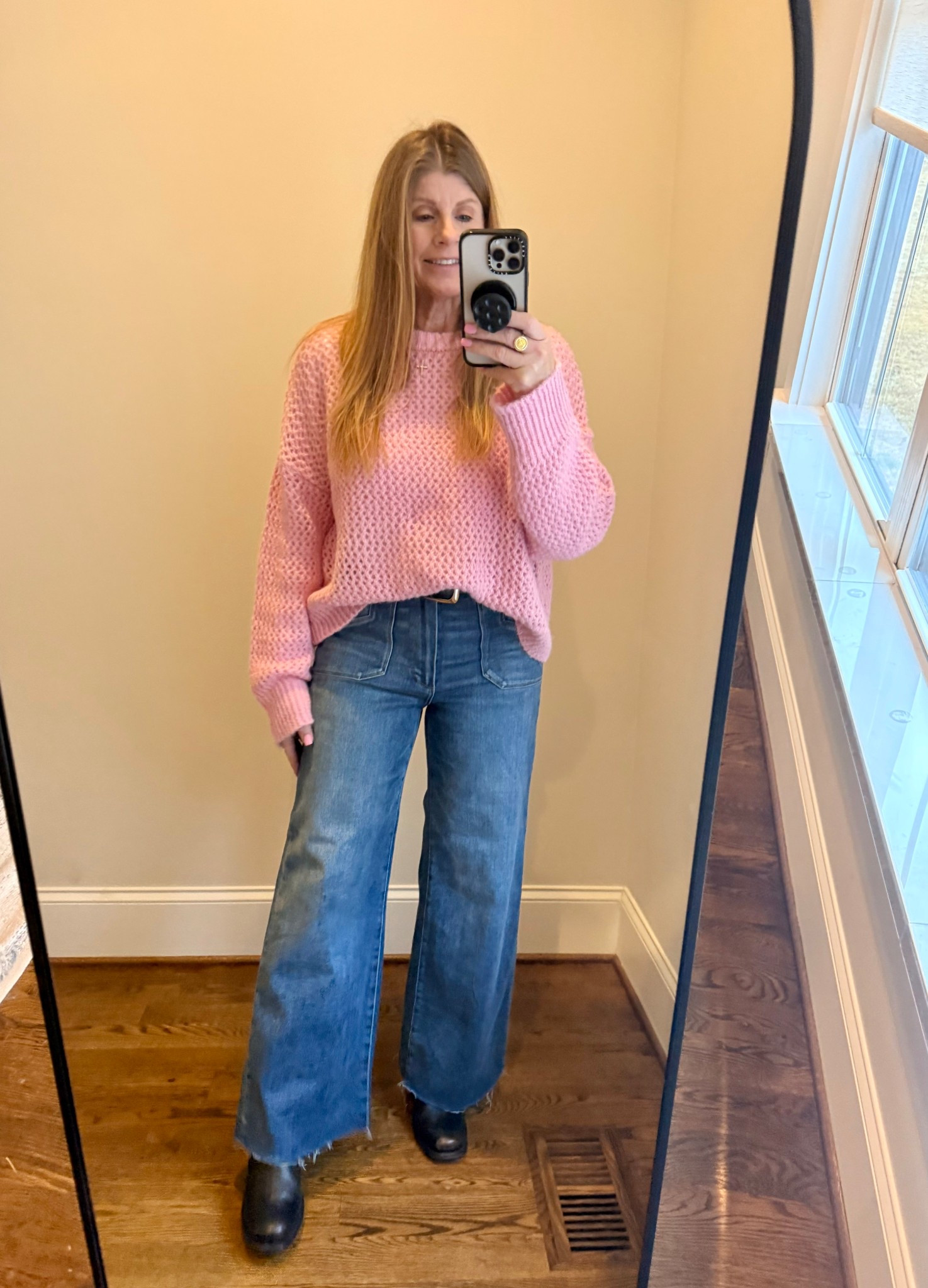 Love the pink sweater (oversized, size down) for Valentine’s Day over a white ribbed long sleeve fitted tee @Target 
The high-rise wide leg jeans fit (petite length) and feel great @Anthropologie 


#LTKOver40 #LTKootd #LTKValentine