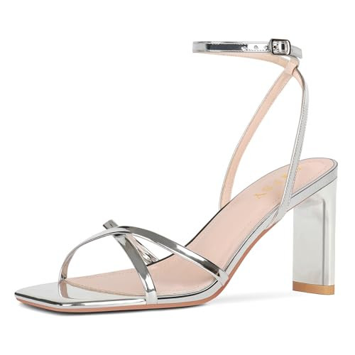 FIFSY Women's Sandals Ankle Strap High Heel Sexy Strappy Sandals Open Toe Heels 3 in Inch Square Toe Heeled Pumps Sandals for Women Silver US9 | Amazon (US)