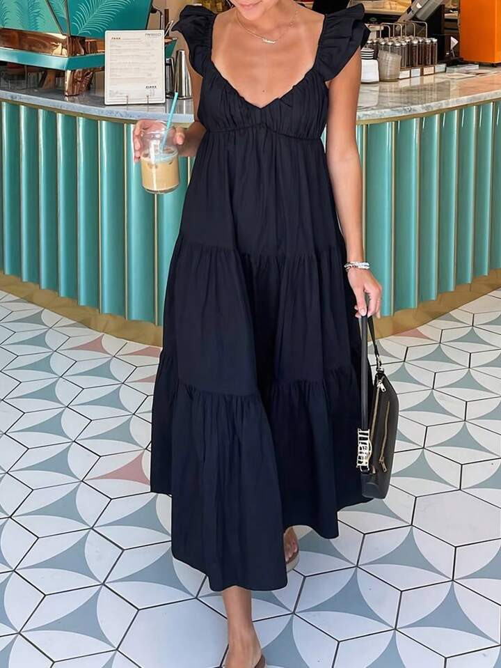 SHEIN Essnce Loose Spaghetti Strap Flutter Sleeve Midi Dress, Solid Color V Neck Dress, Suitable ... | SHEIN