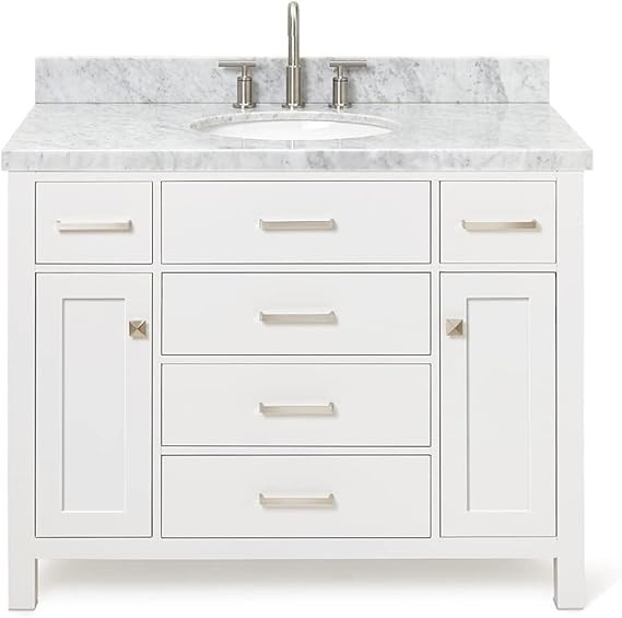 ARIEL Bristol 43" White Bathroom Vanity, 1.5" Edge Italian Carrara Marble Countertop & Splash, Ov... | Amazon (US)