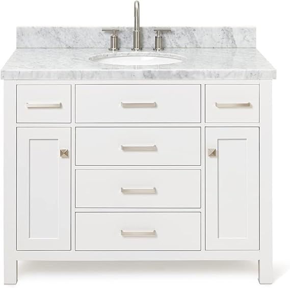 ARIEL Bristol 43" White Bathroom Vanity, 1.5" Edge Italian Carrara Marble Countertop & Splash, Ov... | Amazon (US)