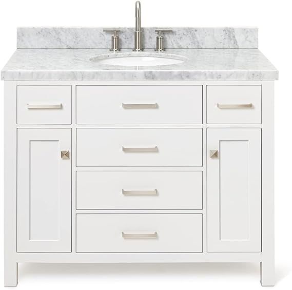 ARIEL Bristol 43" White Bathroom Vanity, 1.5" Edge Italian Carrara Marble Countertop & Splash, Ov... | Amazon (US)