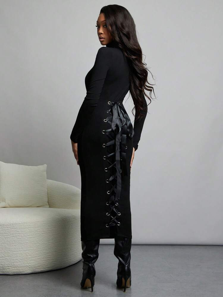 NYA SZN Dress Long Sleeve Turtle Neck Fitted Sweater Business Casual Everyday Cool Girl Ibiza Halloween Holiday Midi Length Fall Winter Outfits Women | SHEIN