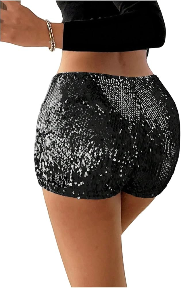 Milumia Women's Sparkly Sequin Shorts Low Waist Straight Leg Shorts Party Rave Concert | Amazon (US)