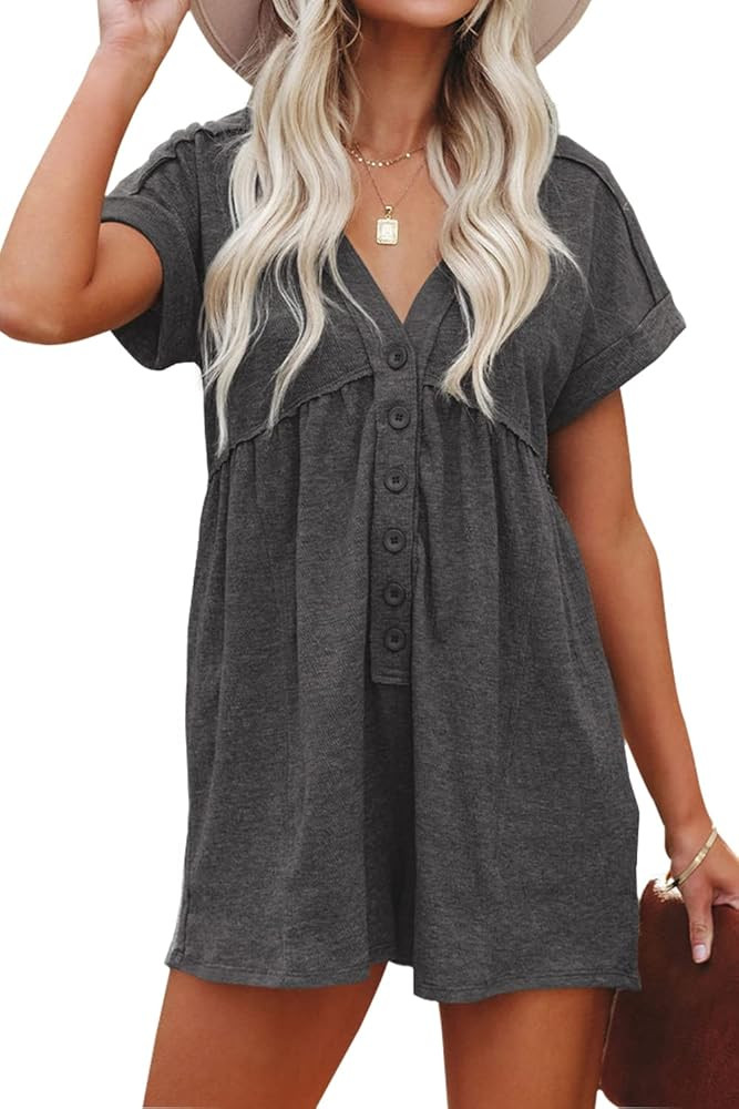 ReachMe Womens Short Sleeve Summer Rompers Casual Loose Fit V Neck Jumpsuits Sexy Belted Short Ro... | Amazon (US)