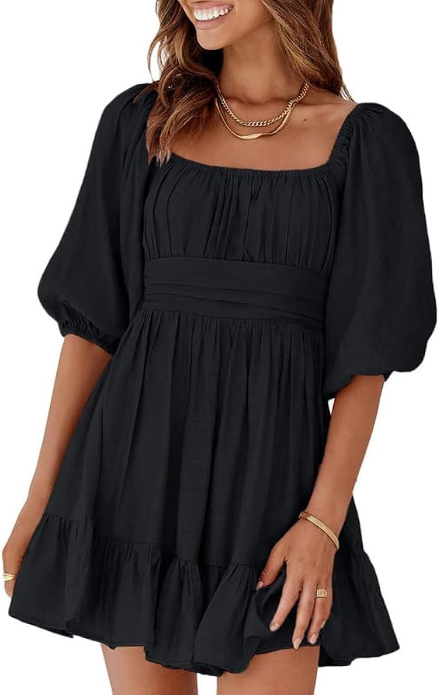 Dokotoo Womens Summer Dresses Square Neck Lantern Sleeve Tie Backless Ruffle A-Line Casual Dress | Amazon (US)