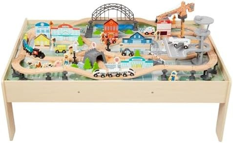 Amazon Basics 120 Piece Wooden Train Set with Table, Sturdy Tracks and Storage Bin, Multi-Activit... | Amazon (US)