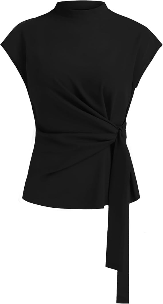 Womens Cap Sleeve Tops 2026 Summer Tie Waist Mock Neck Elegant Blouses Business Dressy Casual Shi... | Amazon (US)