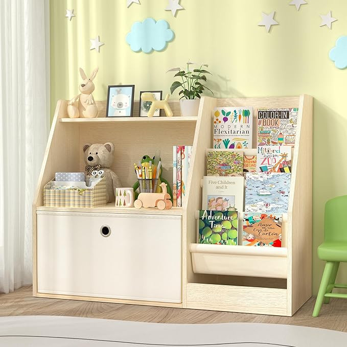 TOETOL Kids Bookshelf & Book Storage，4 Sling Wooden Toddler Book Shelf，2-Tier Wooden Open Boo... | Amazon (US)