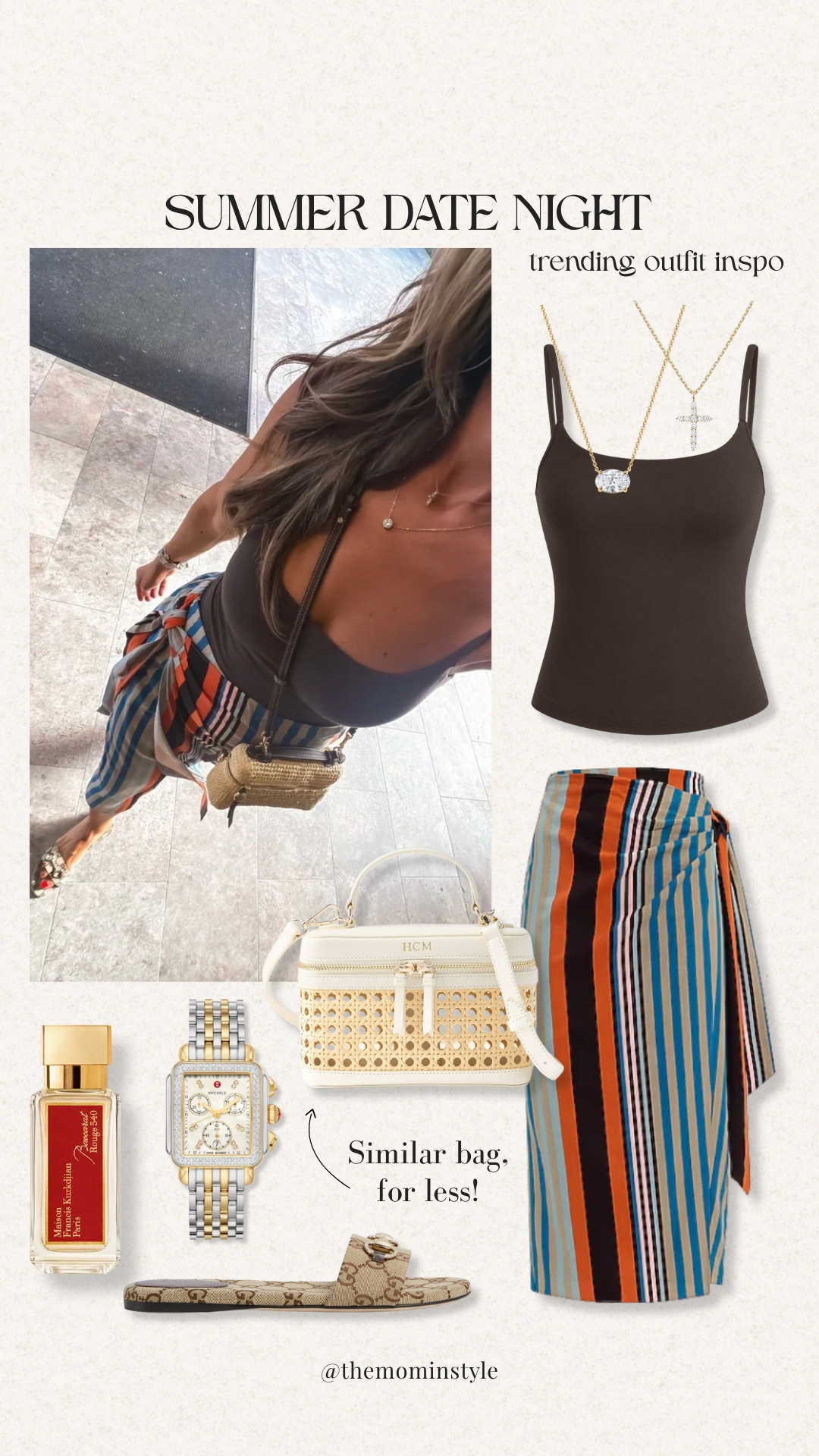 Summer date night outfit, but make it effortless. 🤎 This striped wrap skirt paired with a simple tank is one of my favorite combinations for dinner, vacation nights, or drinks on a patio. I linked everything, including a look for less version of my bag!

summer date night outfit, wrap skirt, striped skirt, brown tank, vacation outfit, resort wear, date night style, woven bag, look for less, summer fashion, elevated casual outfit, themominstyle 

 #LTKootd #LTKSeasonal #LTKOver40