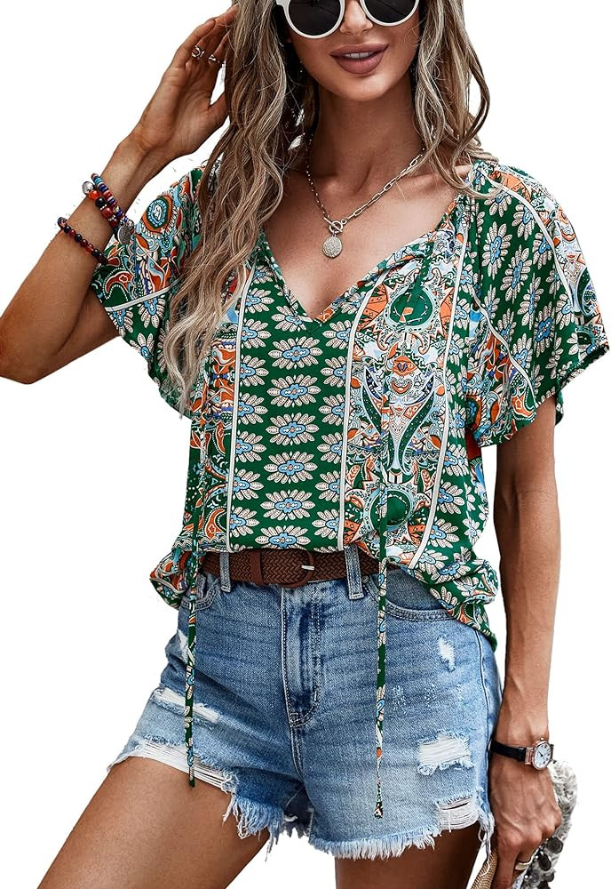 Angashion Women's Summer Tops Casual Floral Print V Neck Ruffle Short Sleeve Loose Tunic T Shirt ... | Amazon (US)