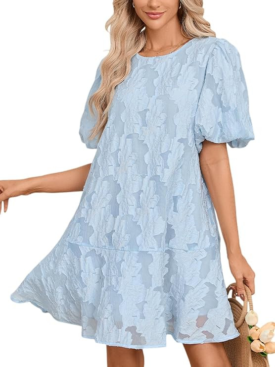 Women's Floral Jacquard Summer Mini Dress Short Puff Sleeve A-Line Babydoll Ruffle Sundress | Amazon (US)