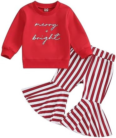 Kupretty Baby Girl Fall Winter Clothes Santa Baby Crewneck Sweatshirts Striped Flare Pants Set To... | Amazon (US)